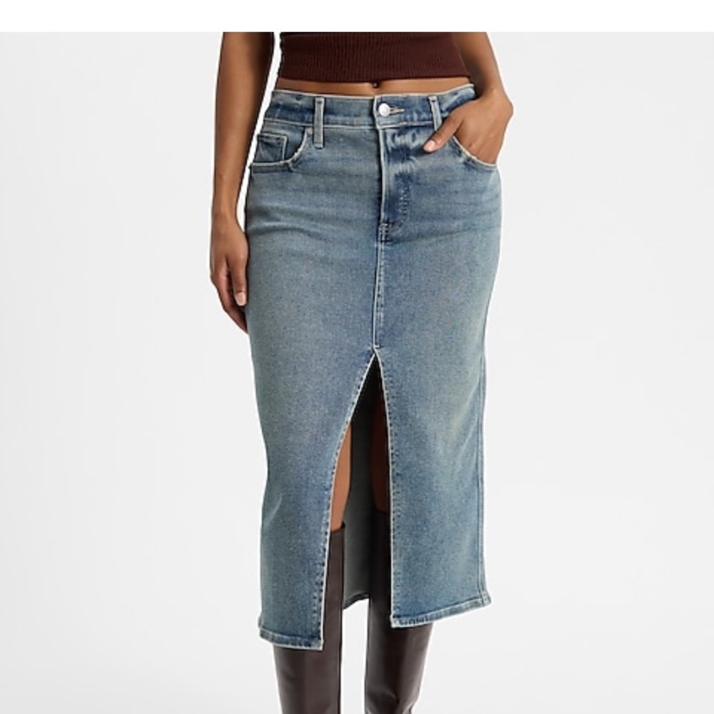 High Waisted Medium Wash Midi Hyper Sculpt Denim Skirt